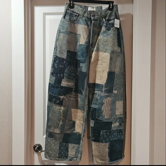 Free People Illusions Patchwork Printed Jeans Barrel Leg Relaxed Indigo 27 NWT - Picture 14 of 15
